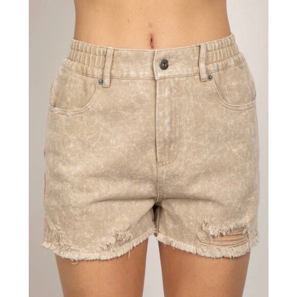 New In Elastic High Waist
Distressed Washed Denim Tan Shorts - Picture 1 of 7
